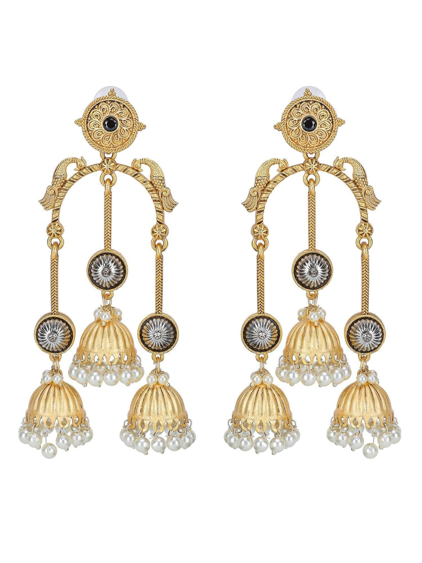 Antique Gold Triple Jhumka Dangler Earrings with Pearl Drops - Auraa Trends