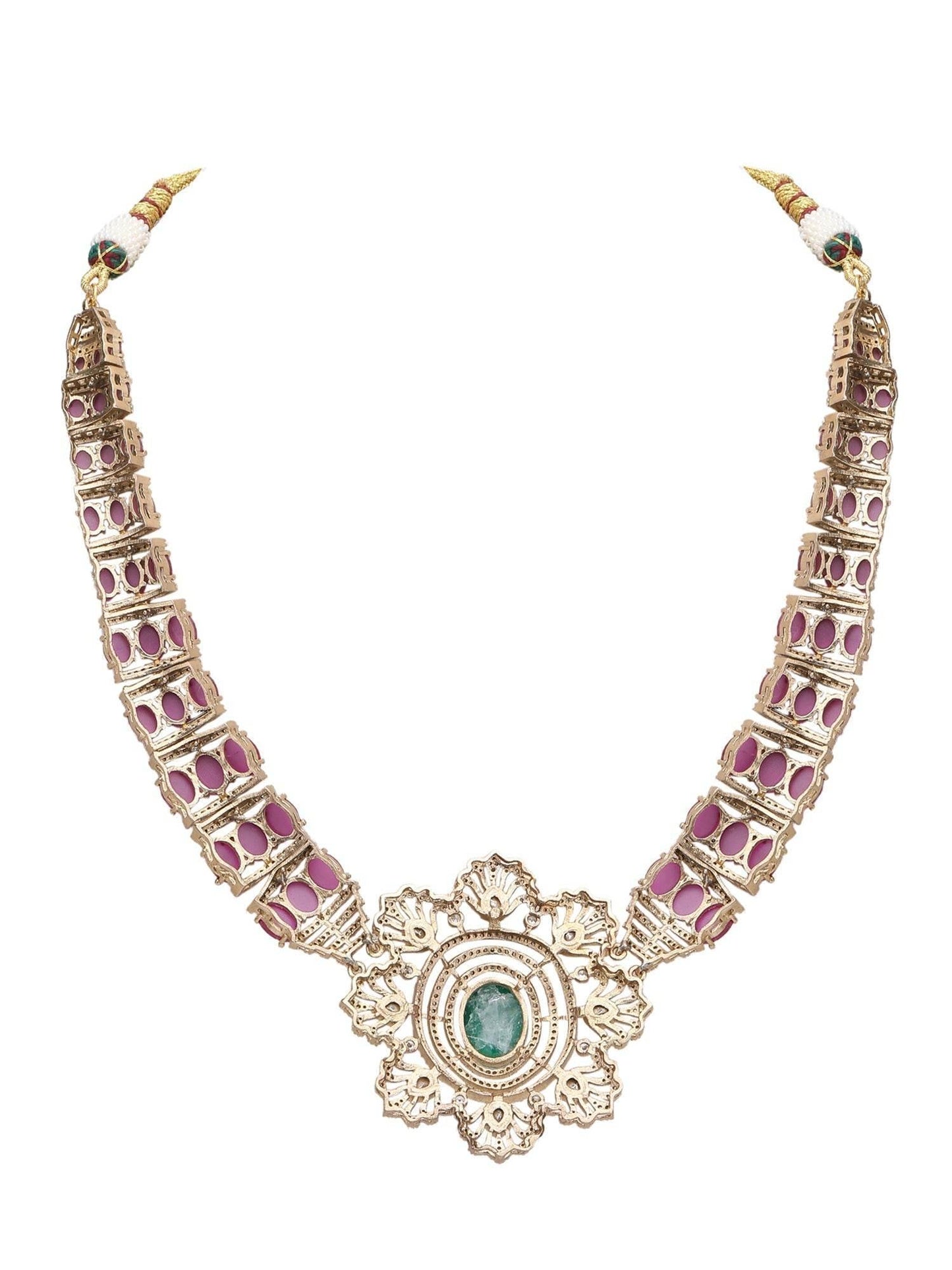 Antique Gold‑Plated Kundan & Green Bead Necklace Set - Auraa Trends
