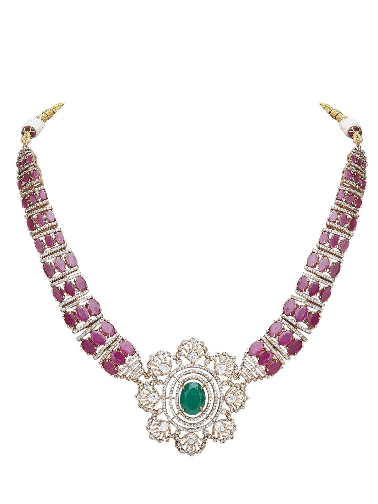 Antique Gold‑Plated Kundan & Green Bead Necklace Set - Auraa Trends