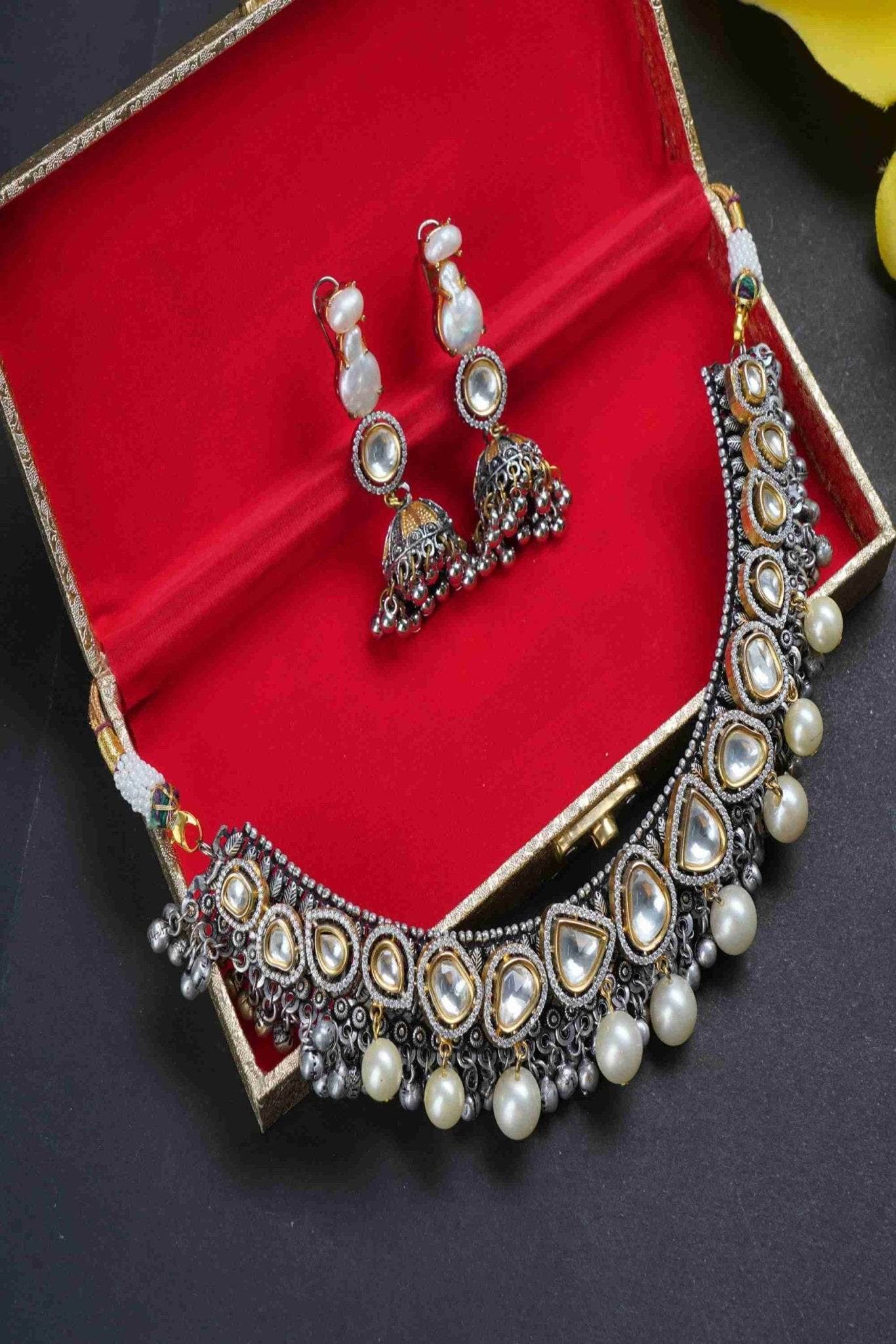 Antique Silver-Plated Kundan Necklace Set with Pearl Drops - Auraa Trends