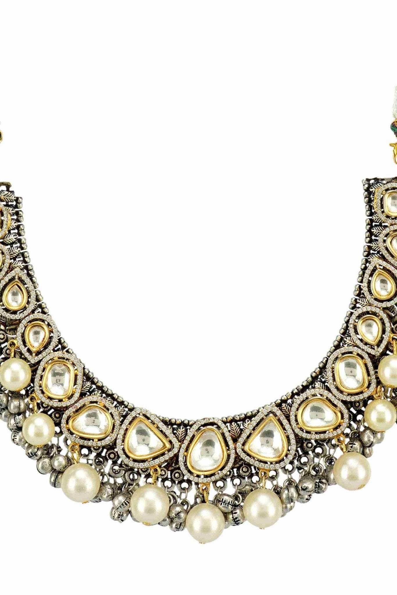 Antique Silver-Plated Kundan Necklace Set with Pearl Drops - Auraa Trends