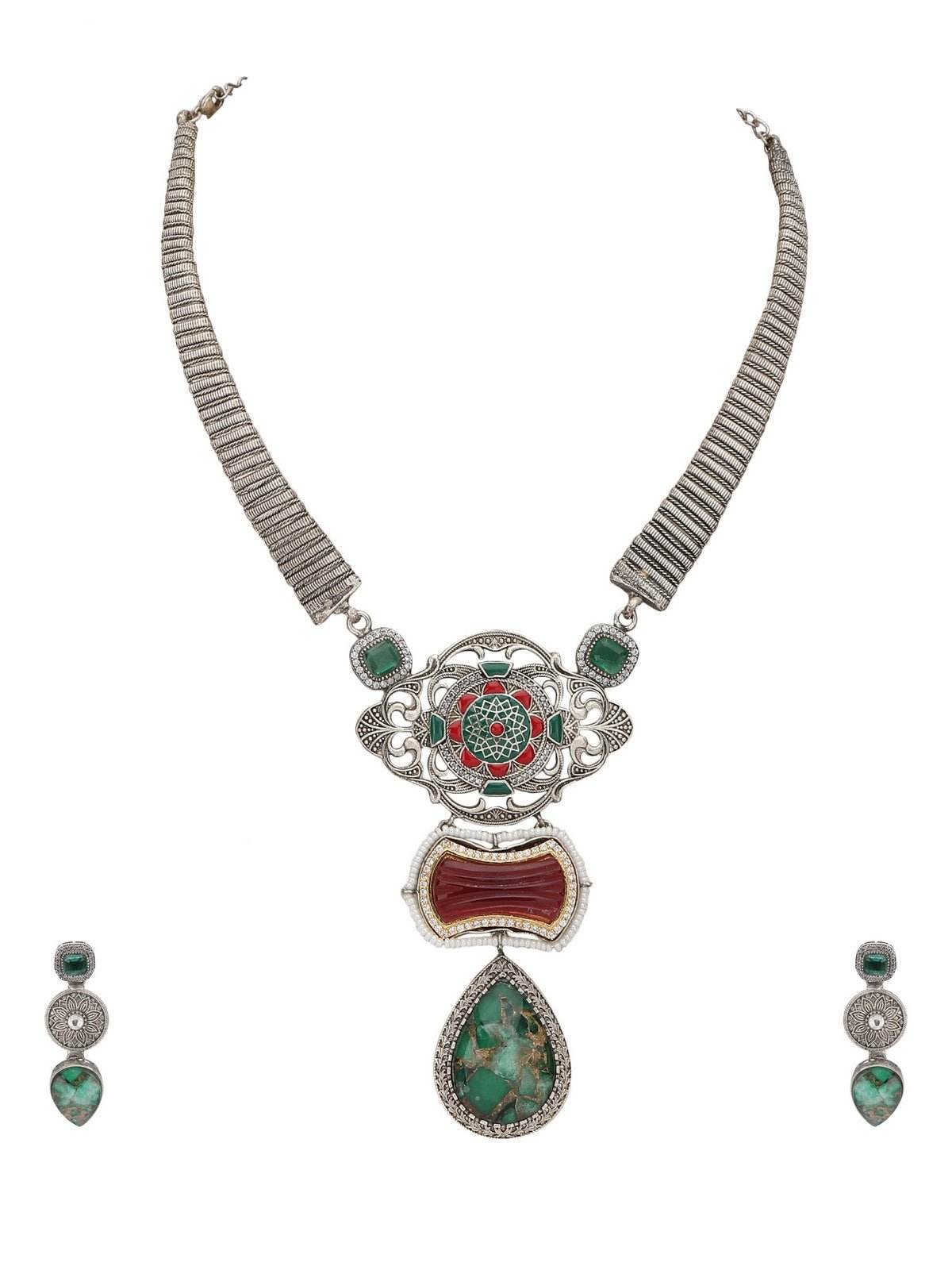 Antique Tribal-Inspired Silver Necklace Set with Gemstone Accents - Auraa Trends