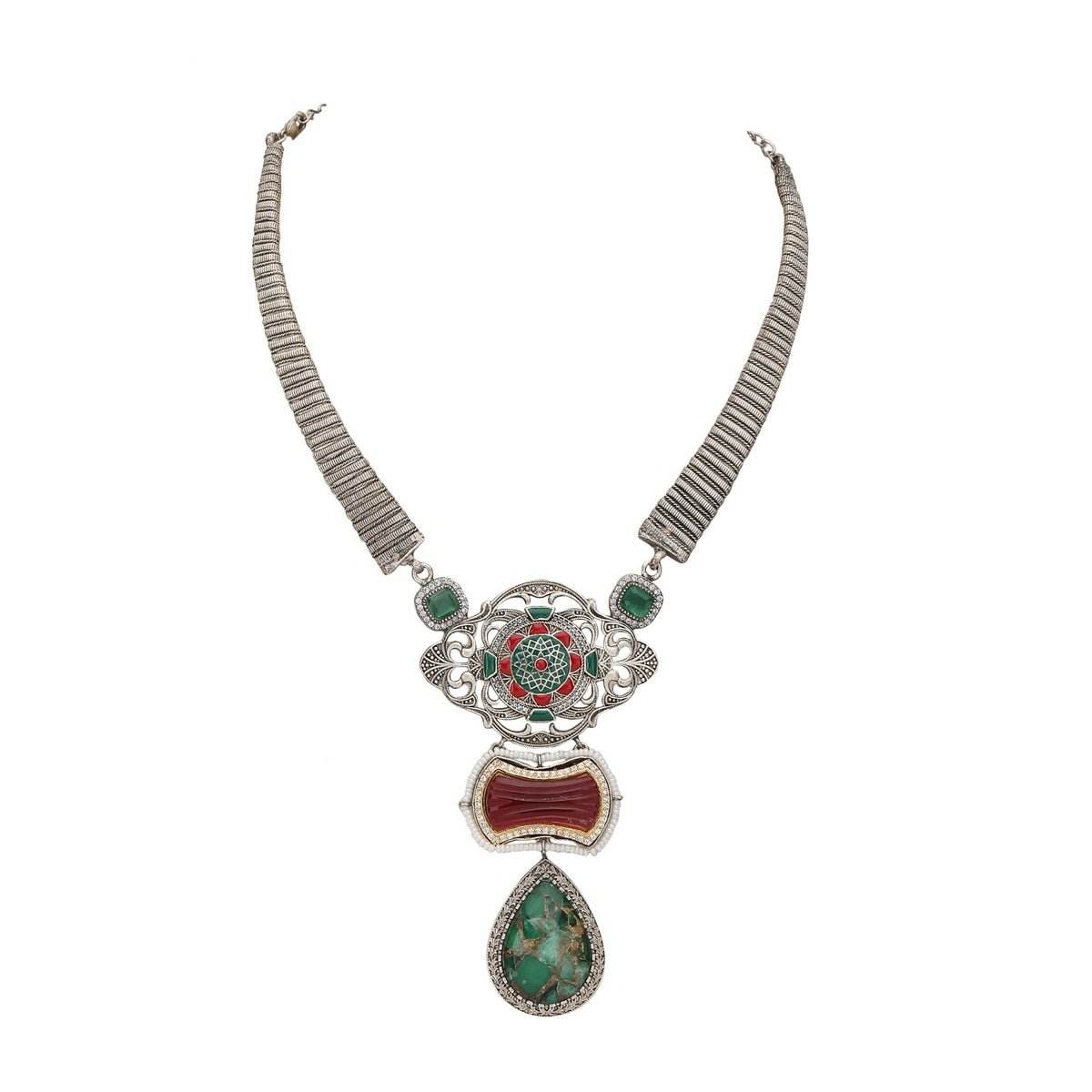 Antique Tribal-Inspired Silver Necklace Set with Gemstone Accents - Auraa Trends