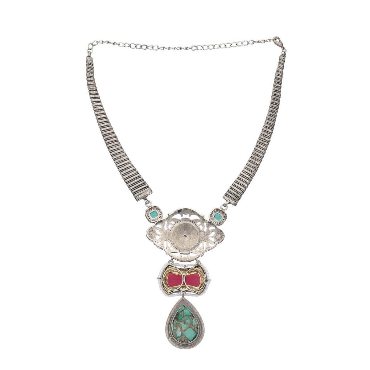 Antique Tribal-Inspired Silver Necklace Set with Gemstone Accents - Auraa Trends