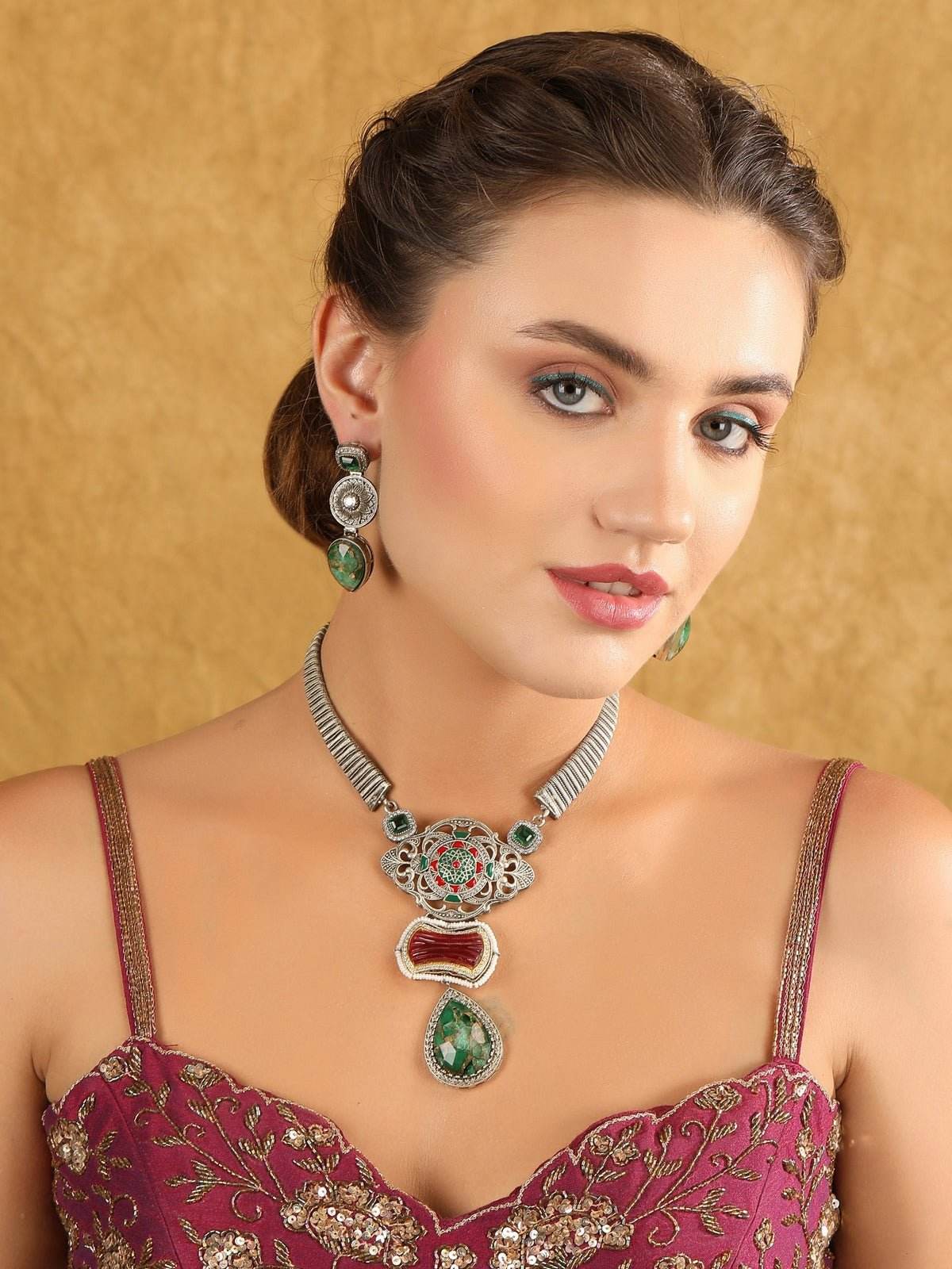 Antique Tribal-Inspired Silver Necklace Set with Gemstone Accents - Auraa Trends