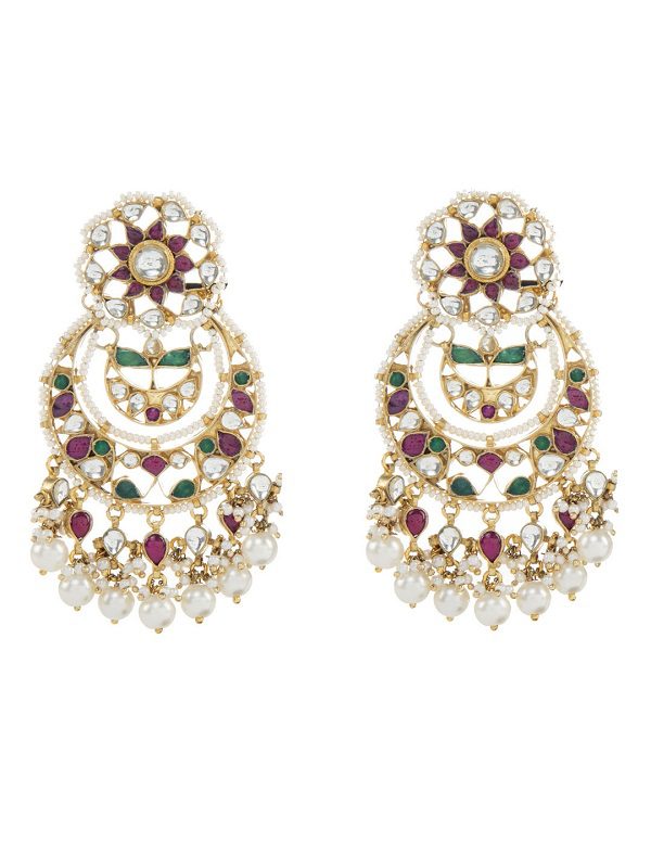 Red And Green Kundan Chaandbali Earring With White Pearl Drops