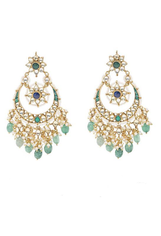 Kundan Chaandbali with green semi precious stone embelishments