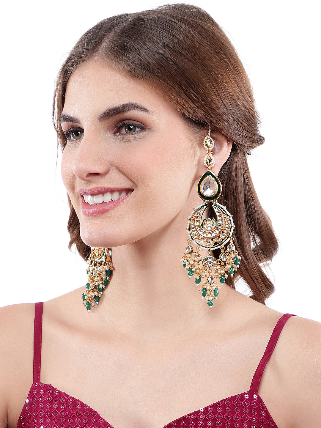 Gleaming Gold Plated Dark Green Chand Bali Earrings