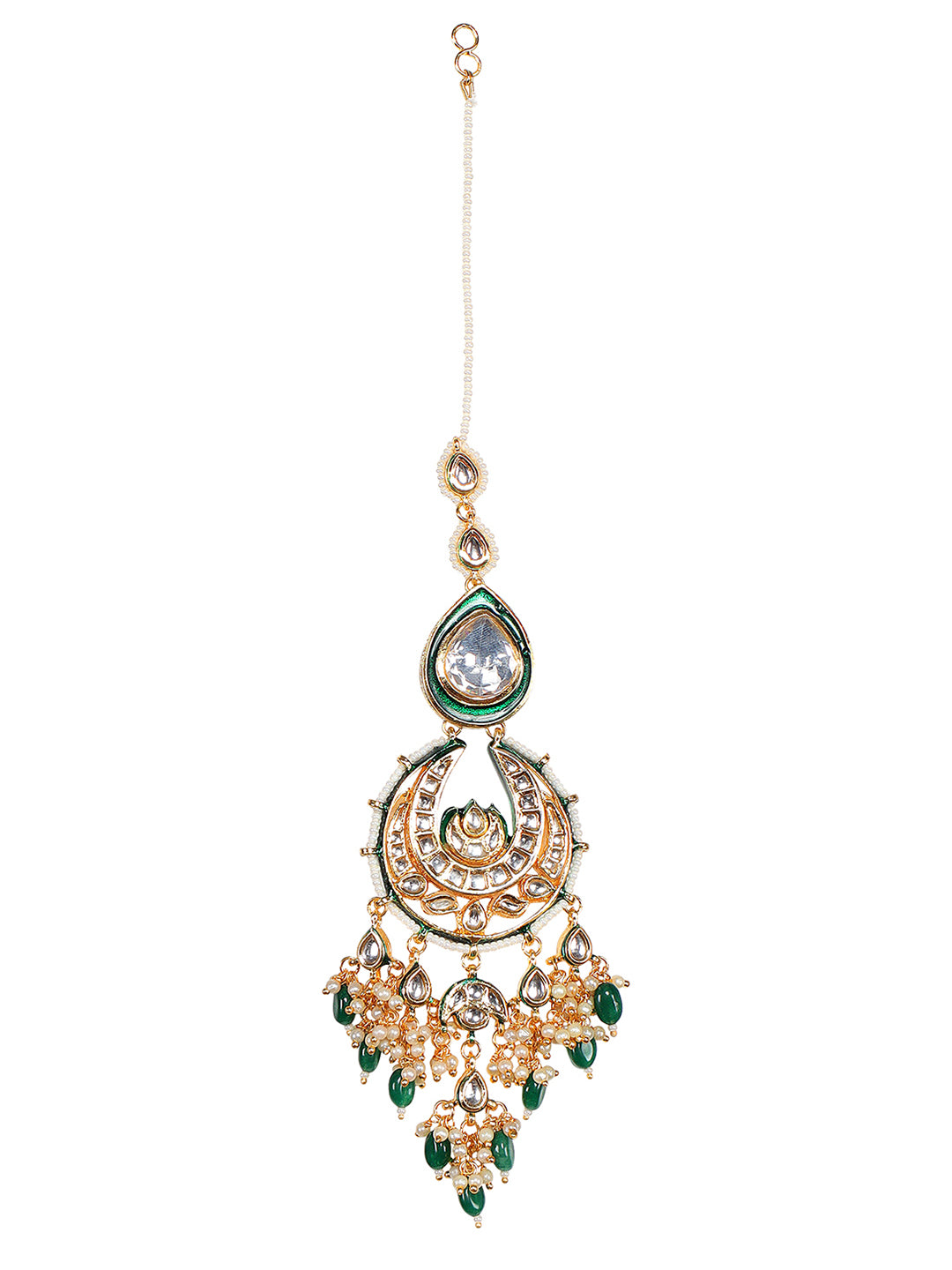 Gleaming Gold Plated Dark Green Chand Bali Earrings