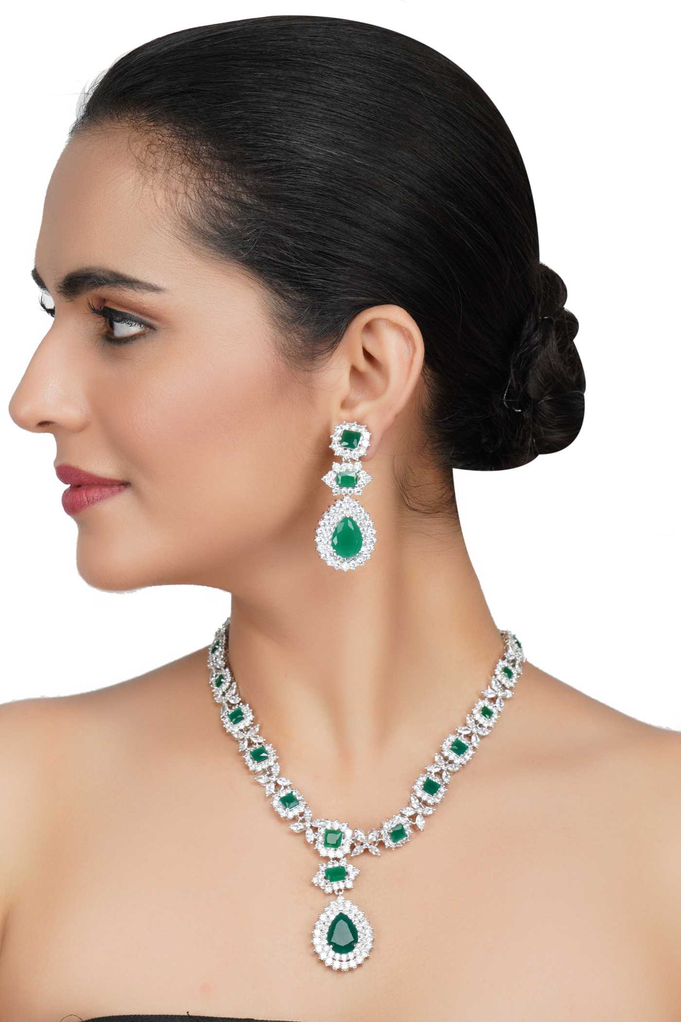 Glittering Rhodium Finish Diamante Necklace Set