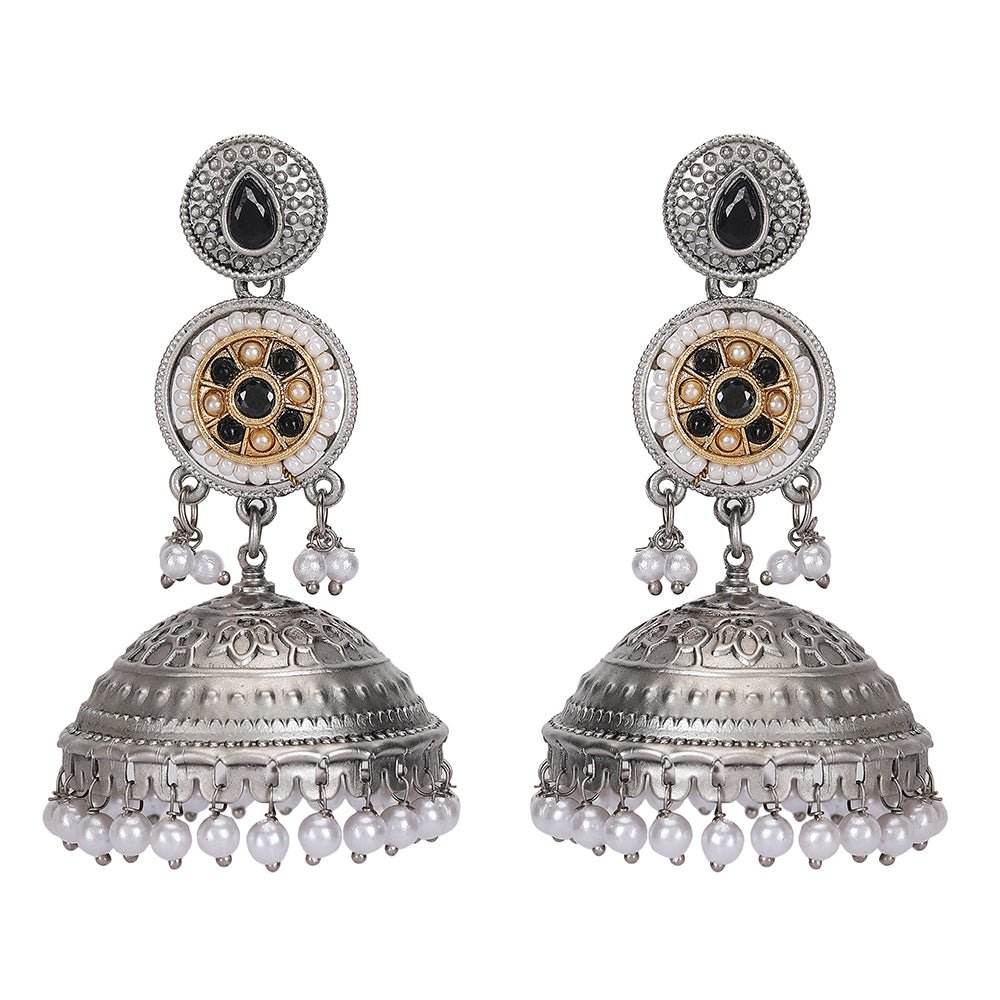 Aviana Antique Silver-Plated Designer Jhumka Earrings with Black Stone - Auraa Trends