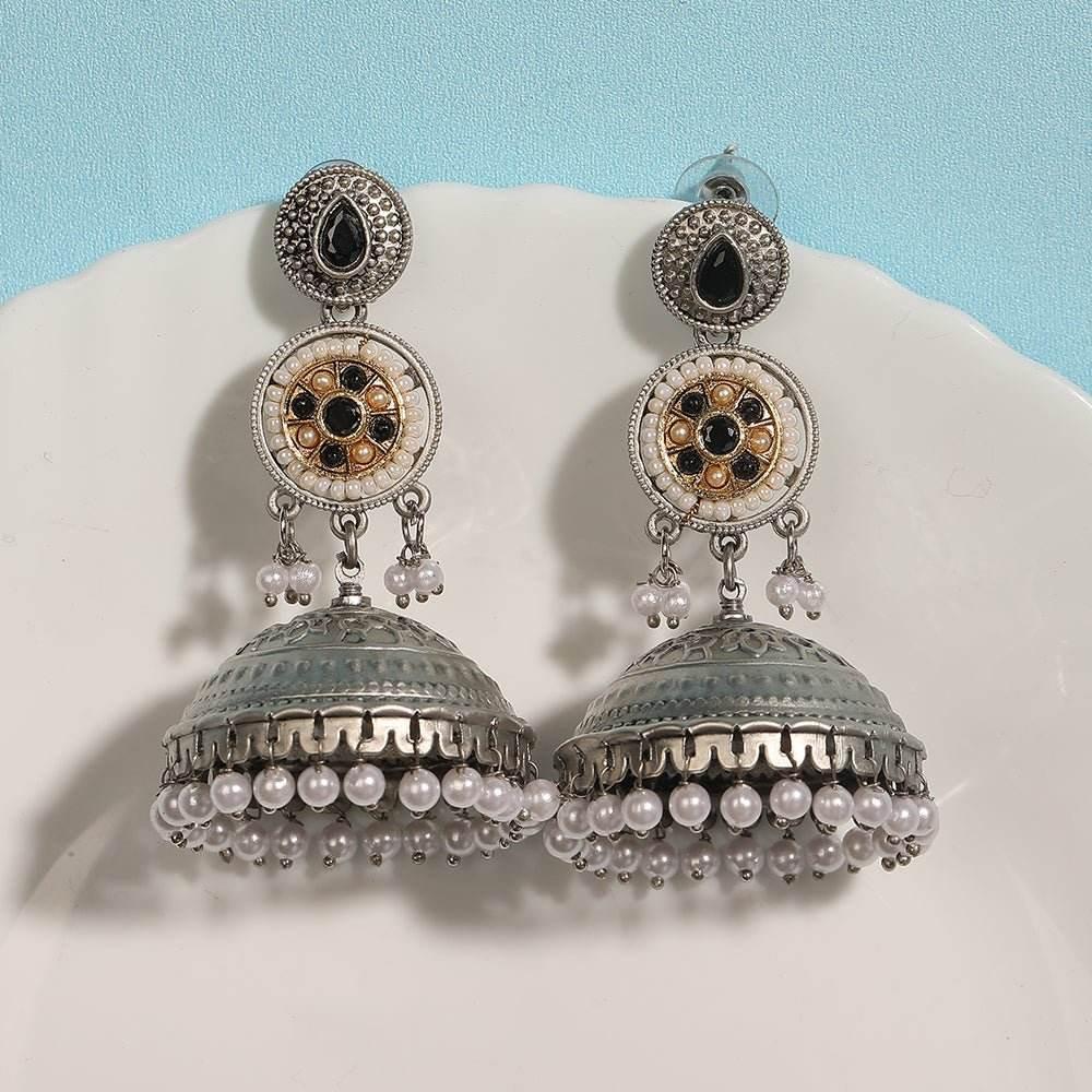 Aviana Antique Silver-Plated Designer Jhumka Earrings with Black Stone - Auraa Trends