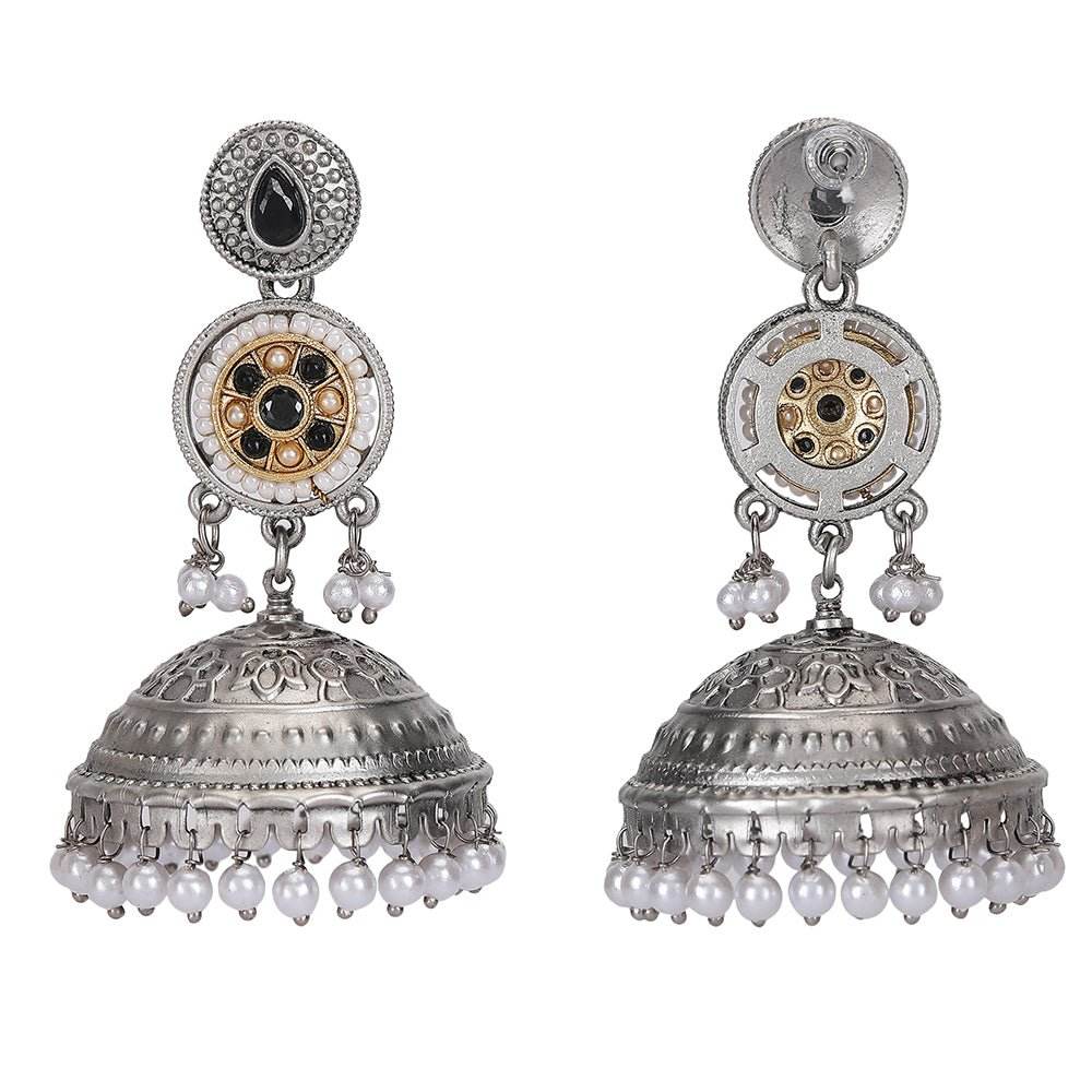 Aviana Antique Silver-Plated Designer Jhumka Earrings with Black Stone - Auraa Trends
