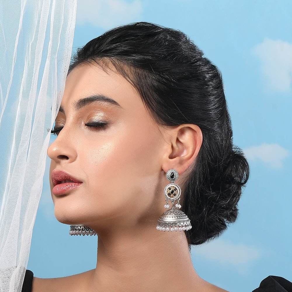 Aviana Antique Silver-Plated Designer Jhumka Earrings with Black Stone - Auraa Trends