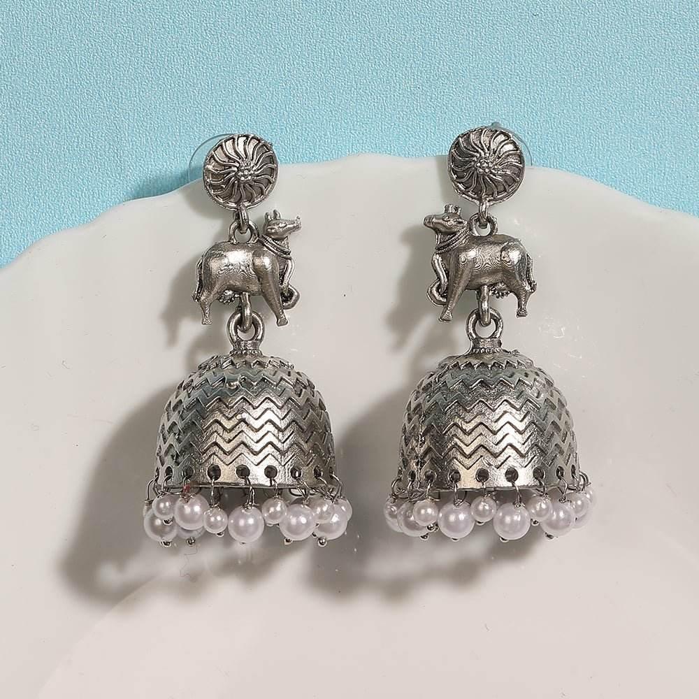 Aviana Oxidized Silver Cow Motif Jhumka Earrings with Pearl Beads - Auraa Trends