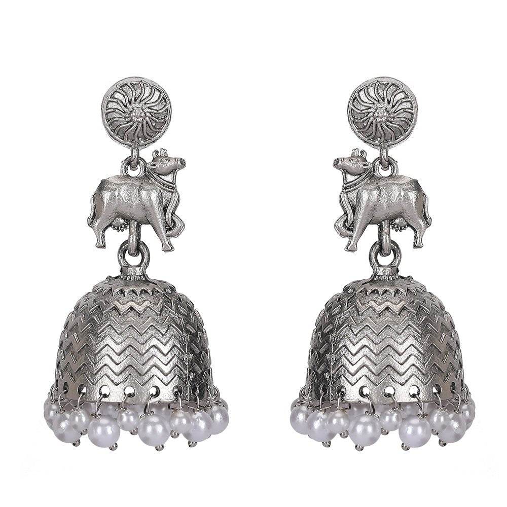 Aviana Oxidized Silver Cow Motif Jhumka Earrings with Pearl Beads - Auraa Trends