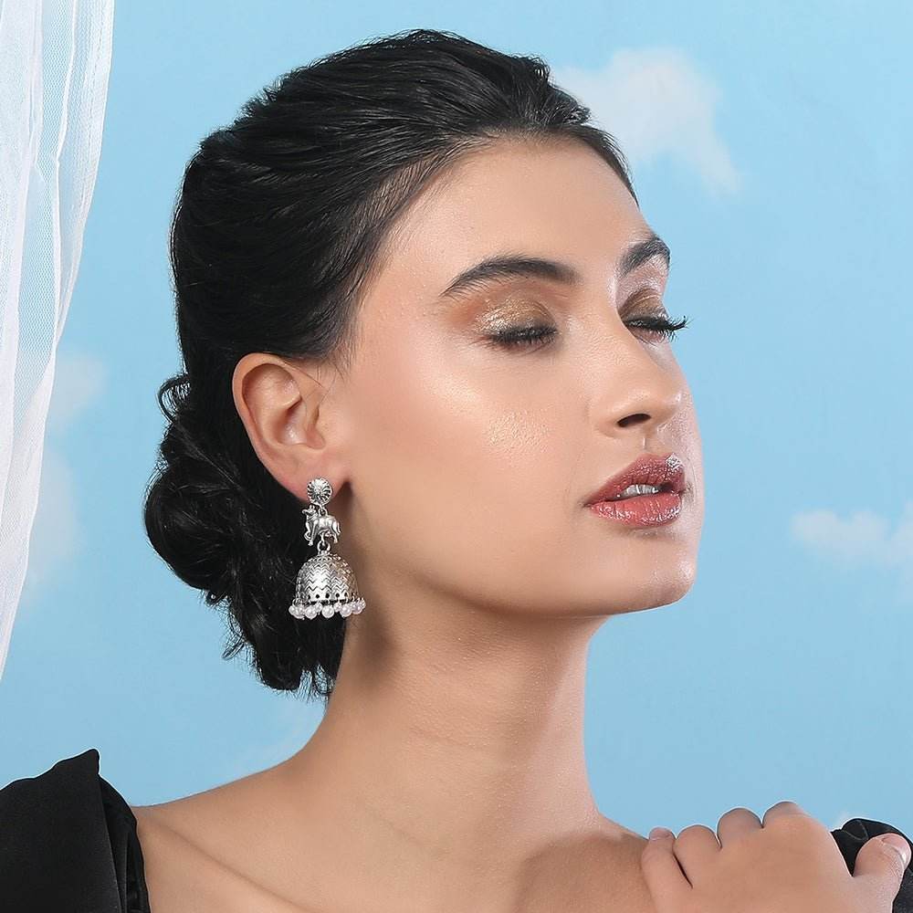 Aviana Oxidized Silver Cow Motif Jhumka Earrings with Pearl Beads - Auraa Trends
