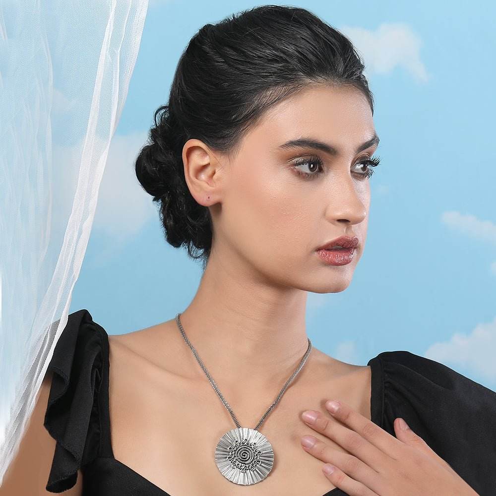 Aviana Oxidized Silver Tribal Sun Pendant Necklace - Auraa Trends