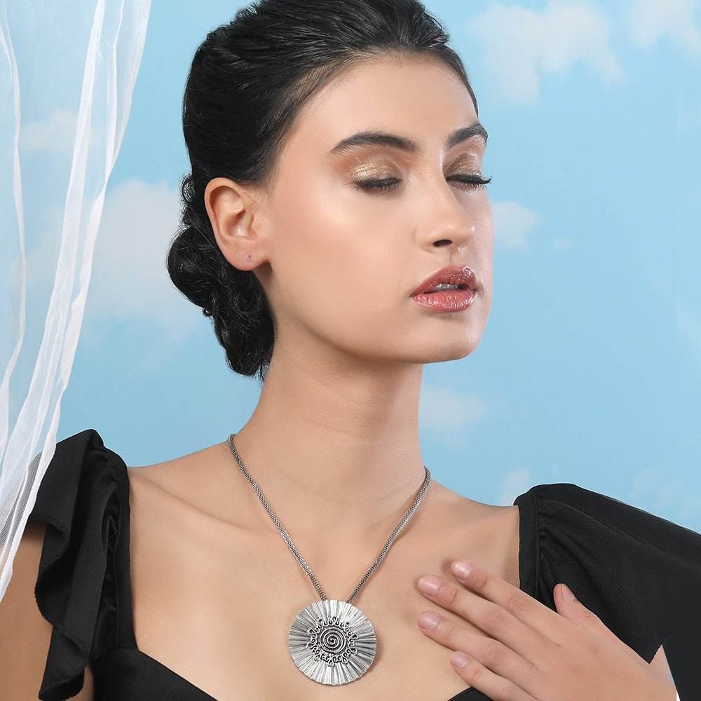 Aviana Oxidized Silver Tribal Sun Pendant Necklace - Auraa Trends