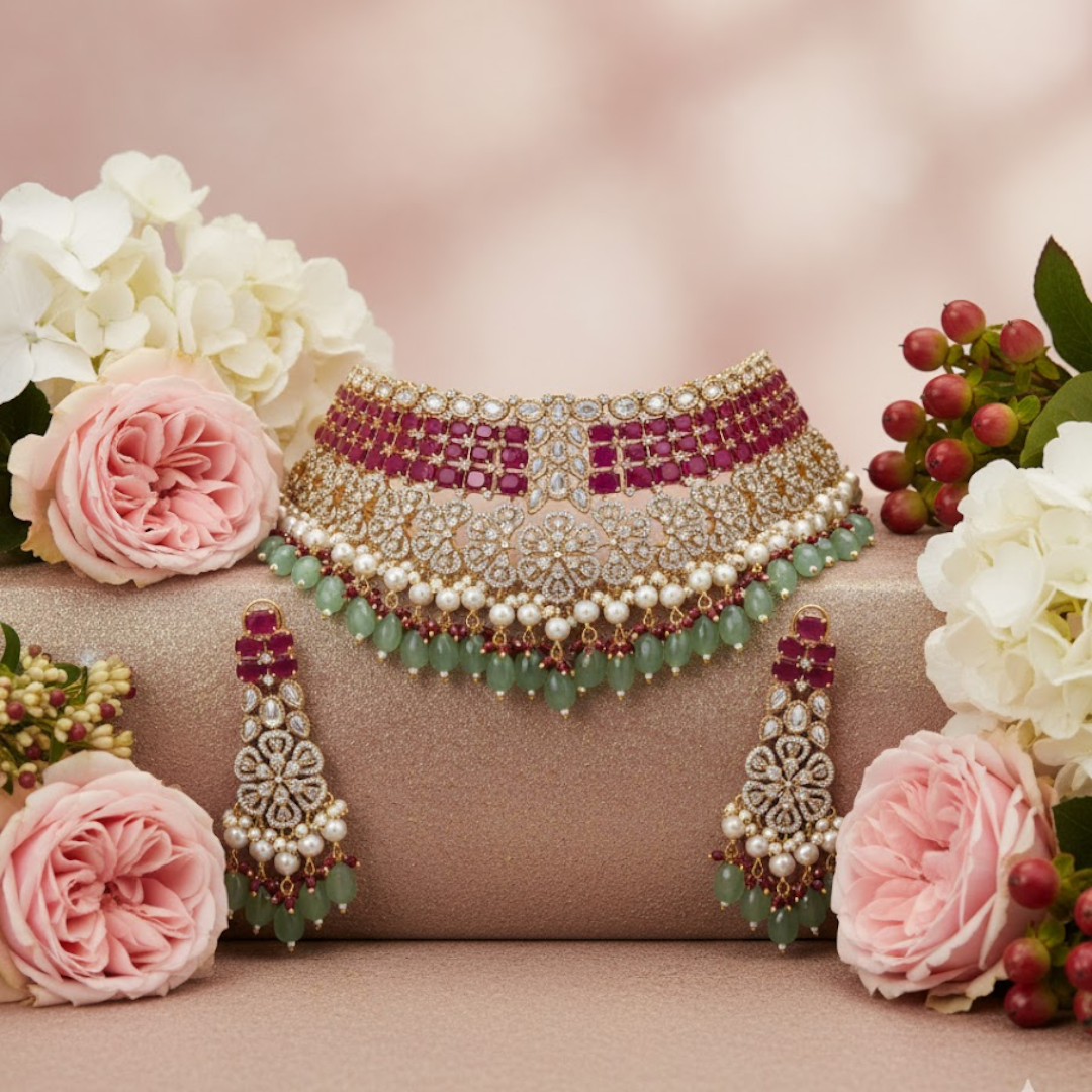 "Bridal Kundan choker necklace set with green beads, pearls, and matching earrings and maang tikka – traditional Indian jewelry for women"