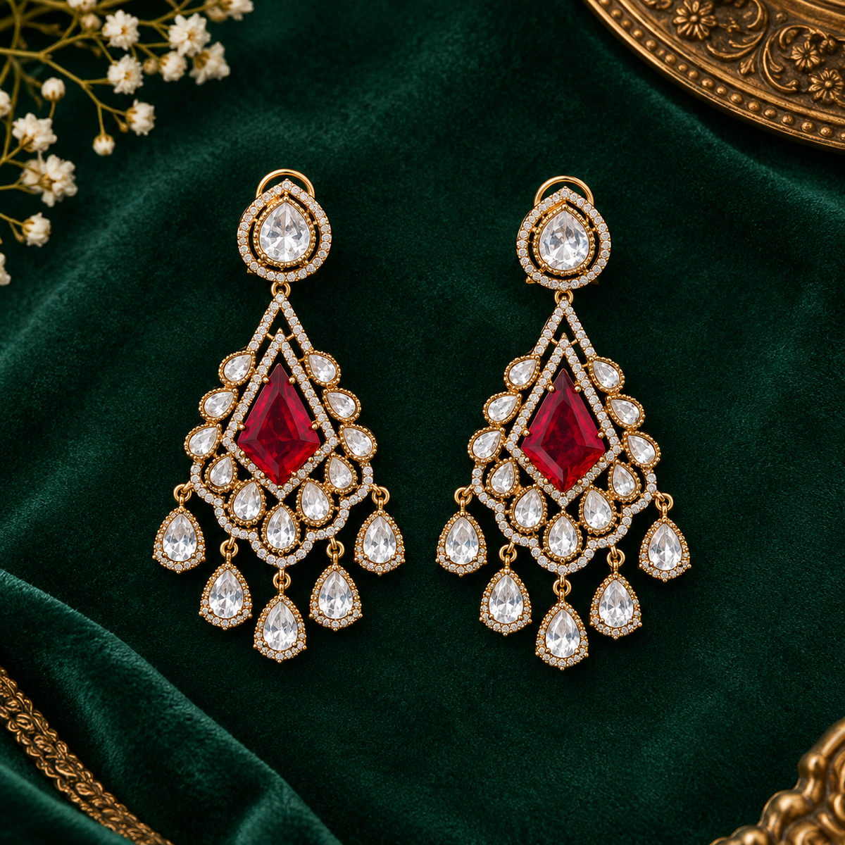 Statement Ruby & Clear Zircon Dangler Earrings
