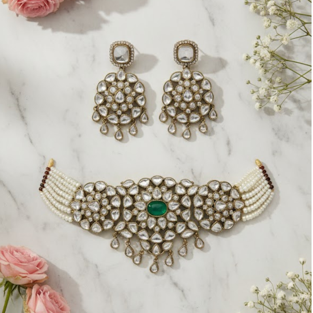 Pearl Beaded Kundan Choker Necklace Set with Green Stone and Earrings – Traditional Bridal Jewelry"