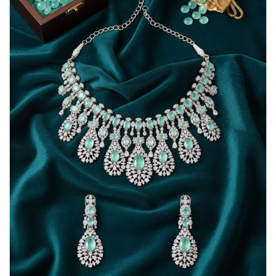 Silver-plated choker necklace set with mint green oval stones and CZ diamonds, featuring matching drop earrings for women
