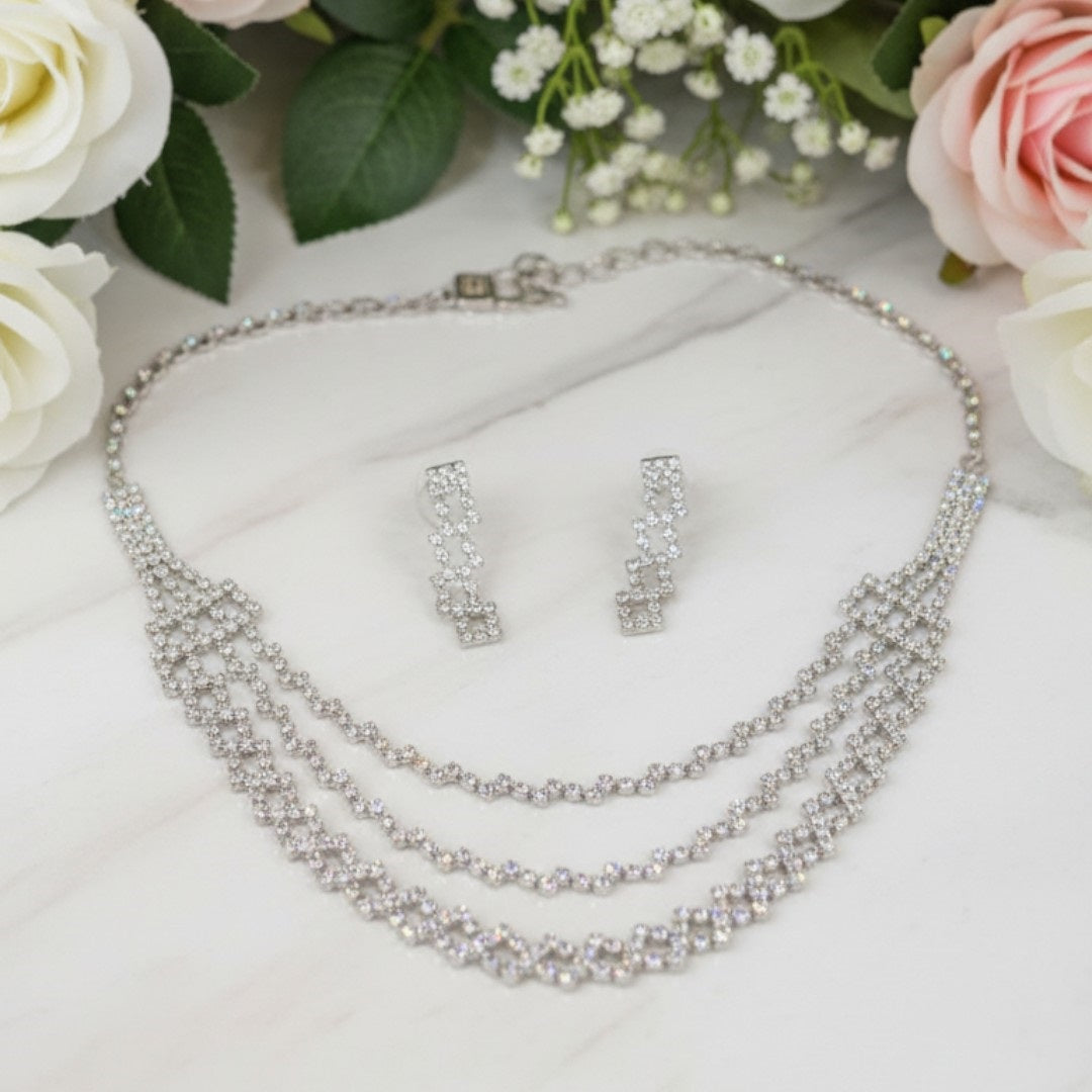 Elegant Layered Diamond Look Choker Necklace Set with Earrings – Silver Crystal Finish