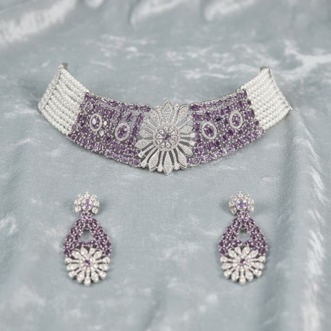 “Elegant purple stone and pearl floral choker necklace set with matching earrings for women”