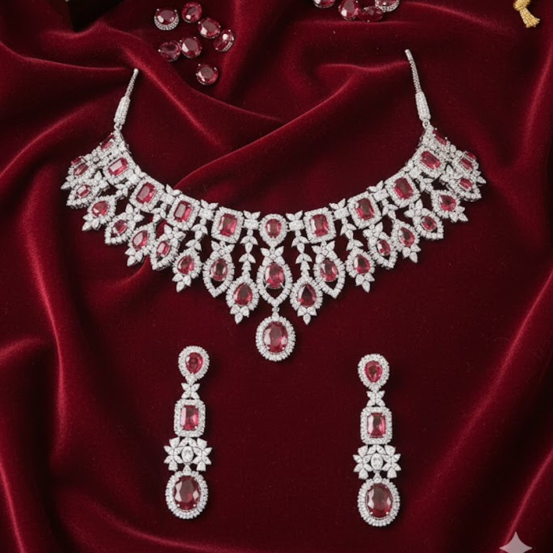 Silver-plated choker necklace set with ruby red stones and cubic zirconia diamonds, paired with matching long drop earrings for women