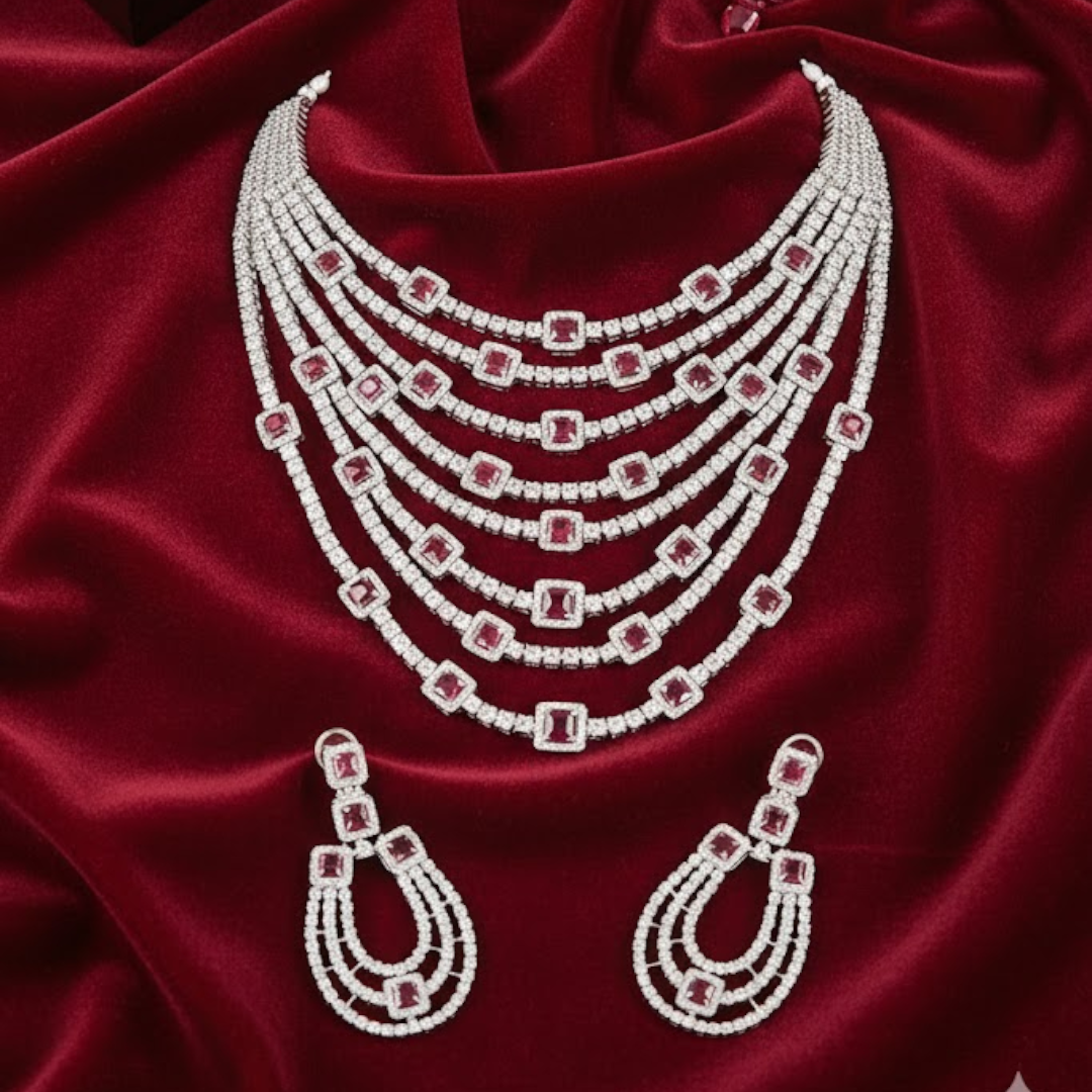 âLuxury multi-layer ruby and diamond choker necklace set with matching earrings for womenâ