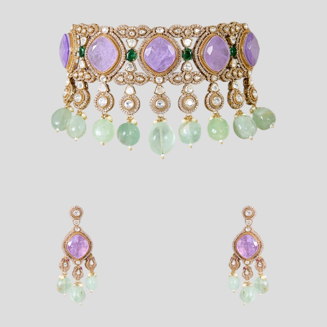 Lavender Stone and Mint Green Beaded Kundan Choker Necklace Set with Earrings