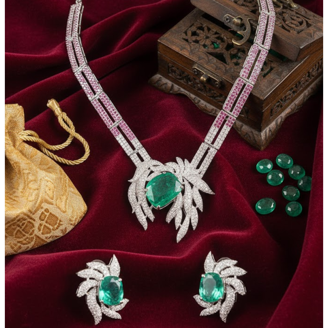 Emerald and diamond leaf design necklace and earrings set with ruby-pink accents on silver base – luxury women’s jewelry set