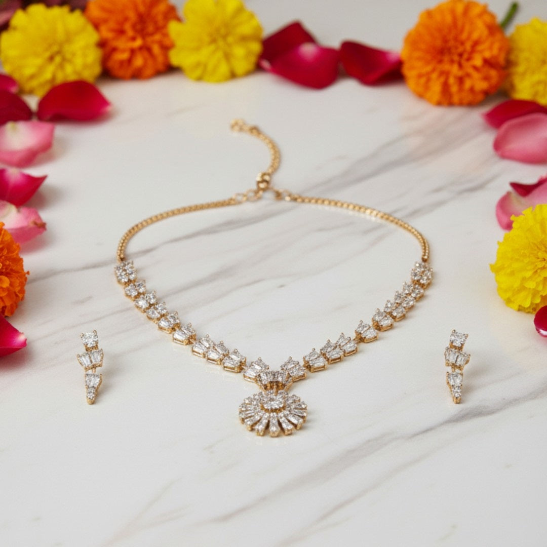 Floral American Diamond Necklace and Earring Set on Red Velvet Display Stand