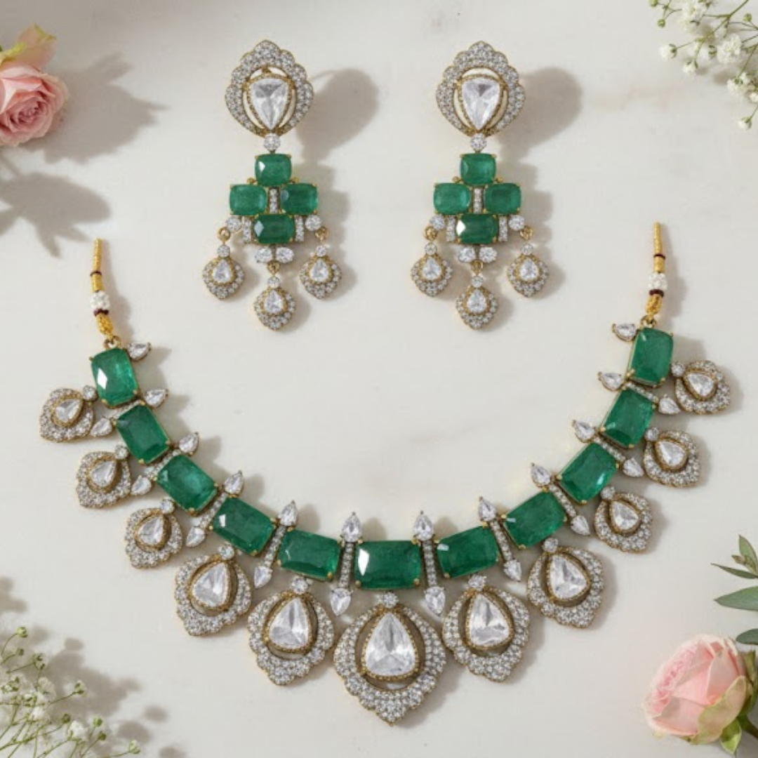 Traditional Green Kundan Choker Necklace Set with Matching Earrings – Bridal Ethnic Jewelry