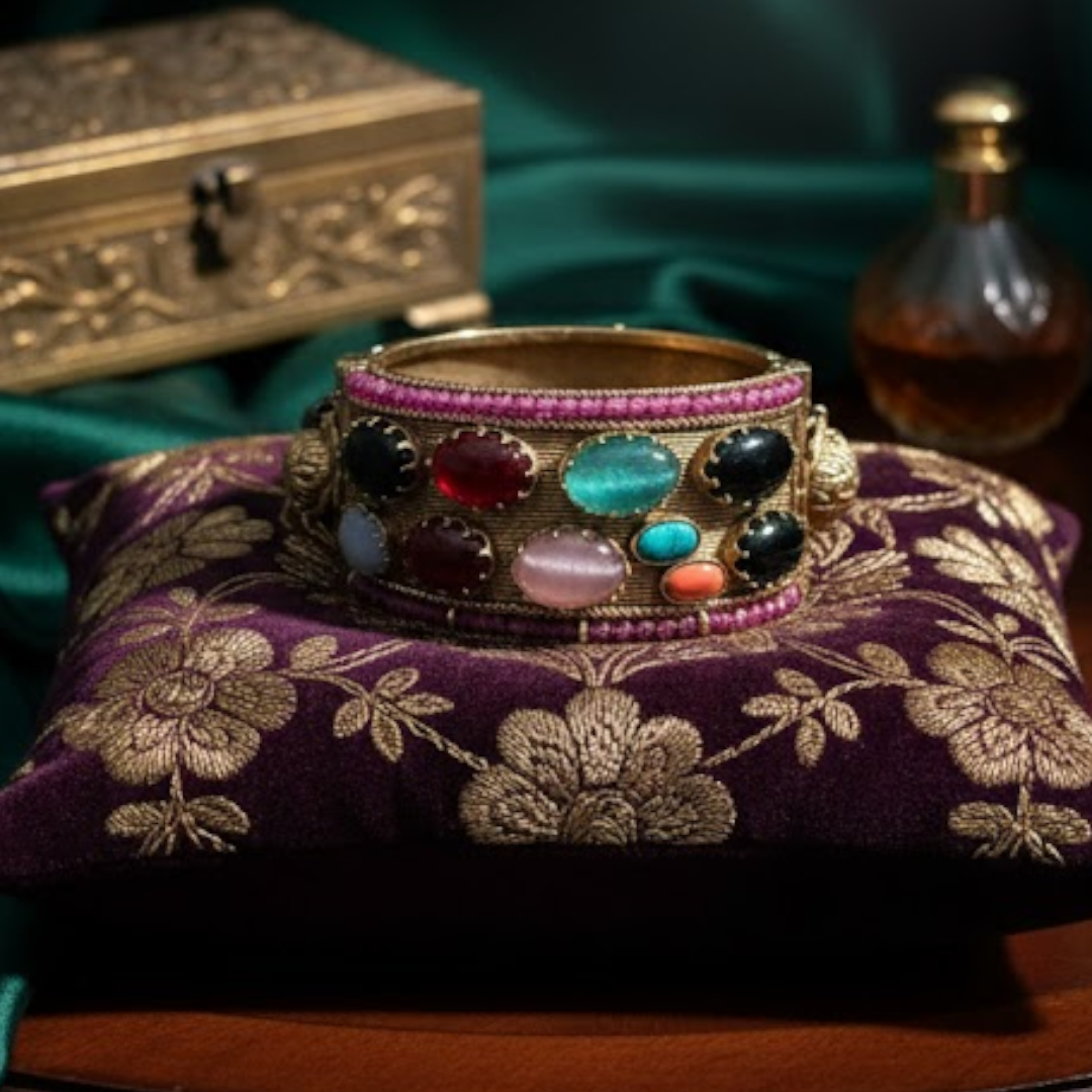Antique gold-plated Navratna bangle with multi-colored gemstones