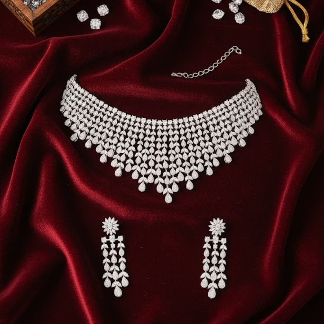 Luxury silver-plated diamond choker necklace set with matching long earrings