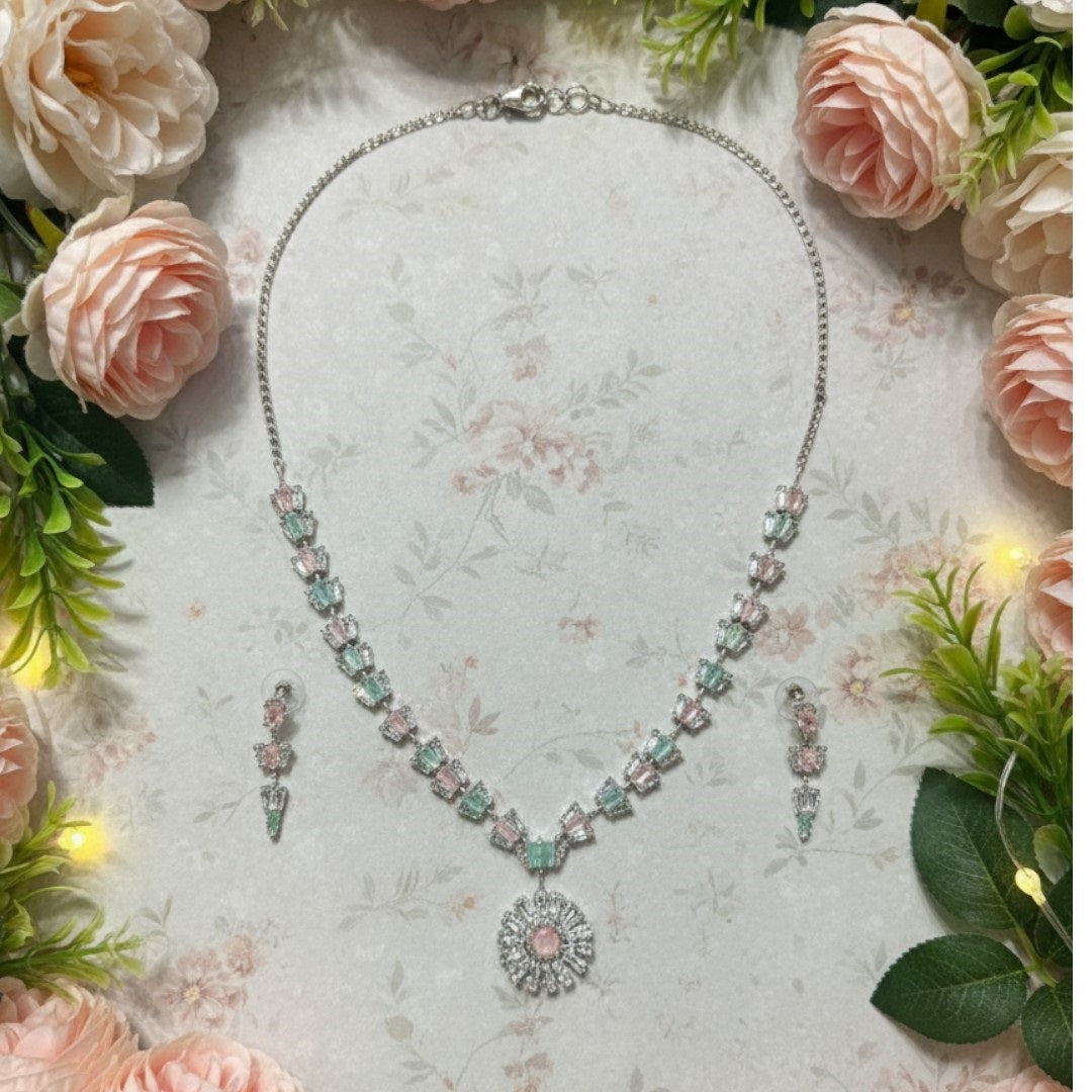 ALT Text:
"Elegant diamond necklace and earrings set with sparkling diamonds in a luxurious design – perfect for weddings and special occasions.
