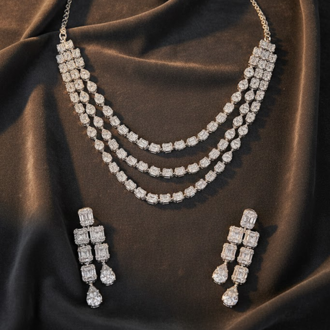 “Elegant silver-tone layered diamond necklace set with matching drop earrings for women”