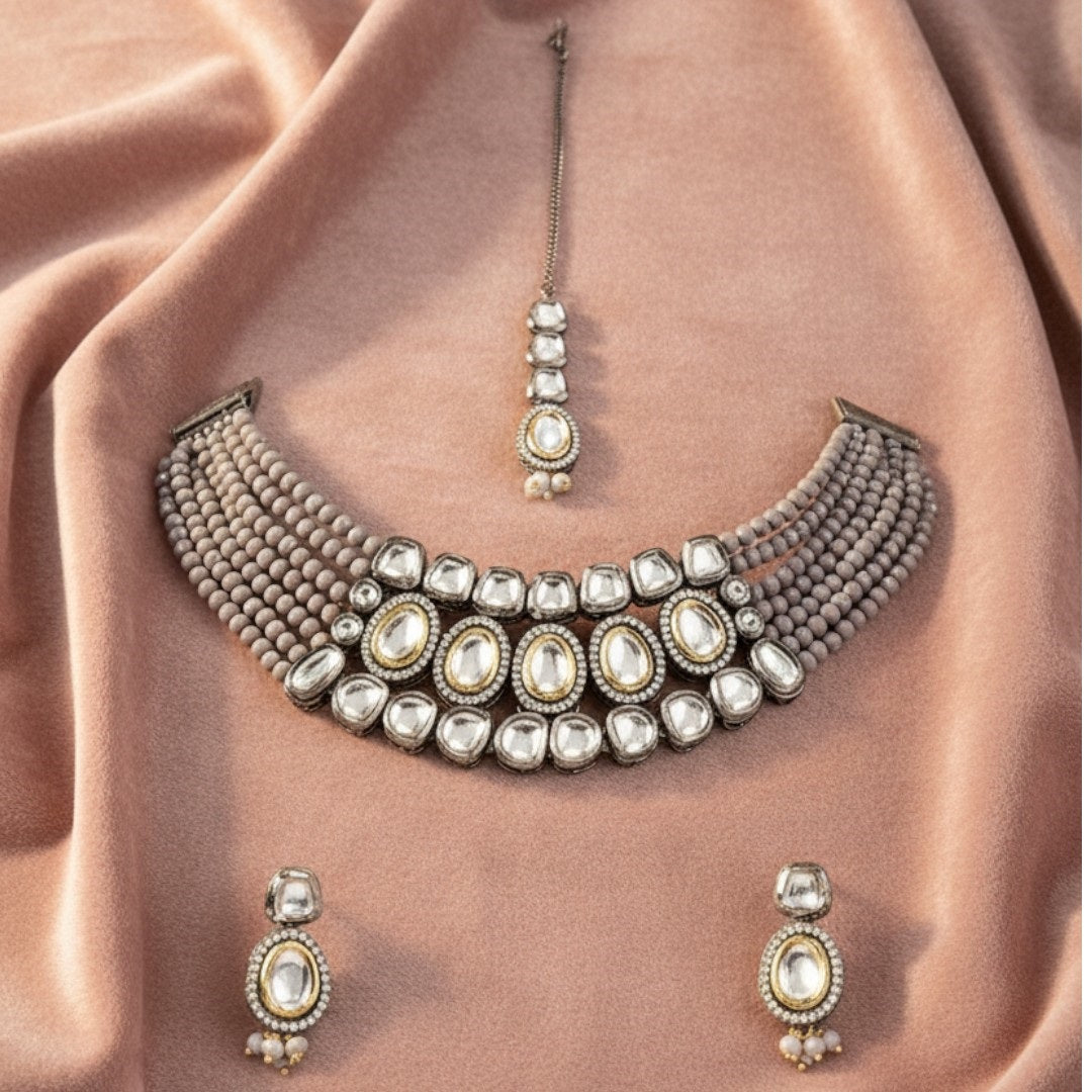 Traditional Kundan Choker Necklace Set with Earrings & Maang Tikka for Women