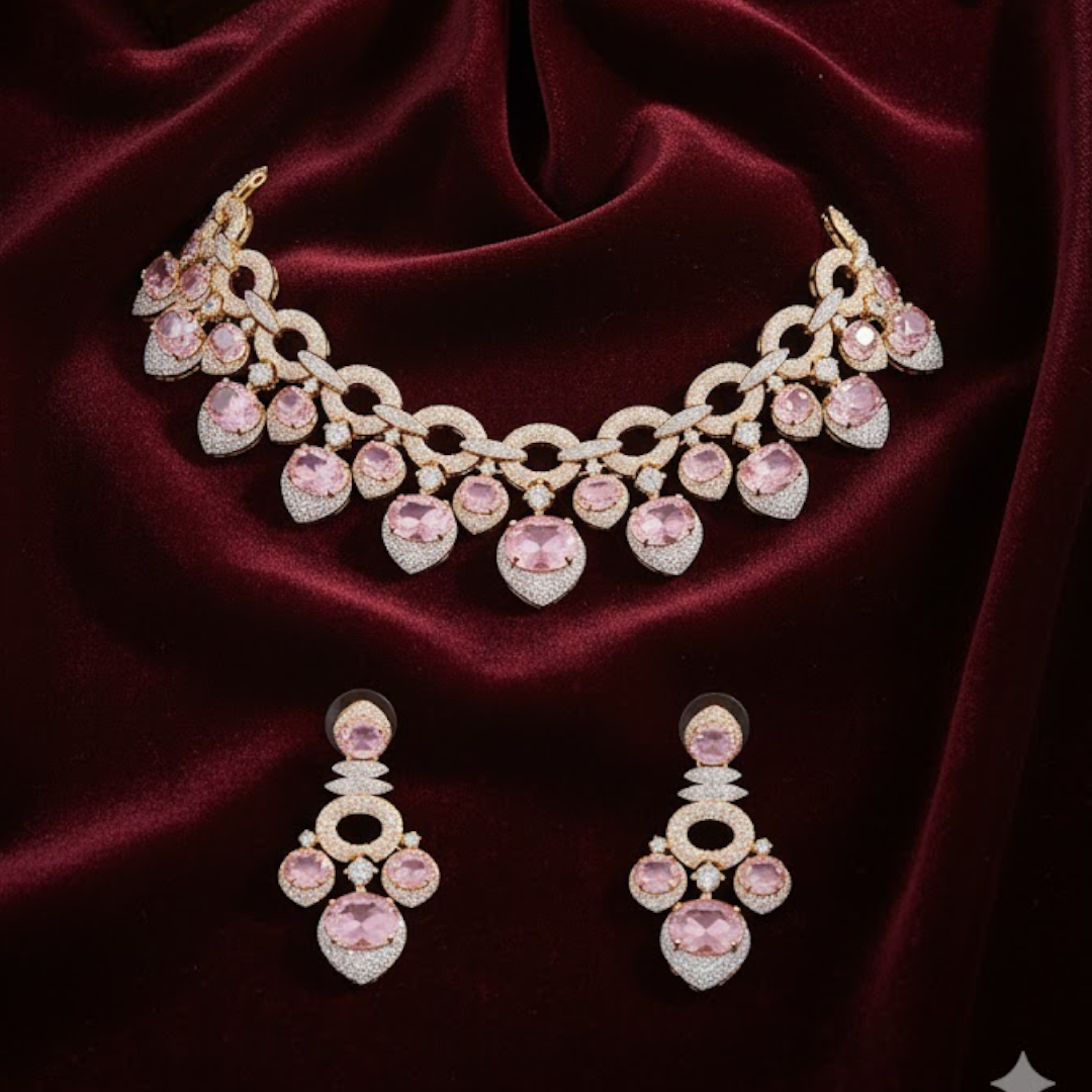 Pink CZ and Gold-Plated Stone Choker Necklace Set with Matching Earrings for Women