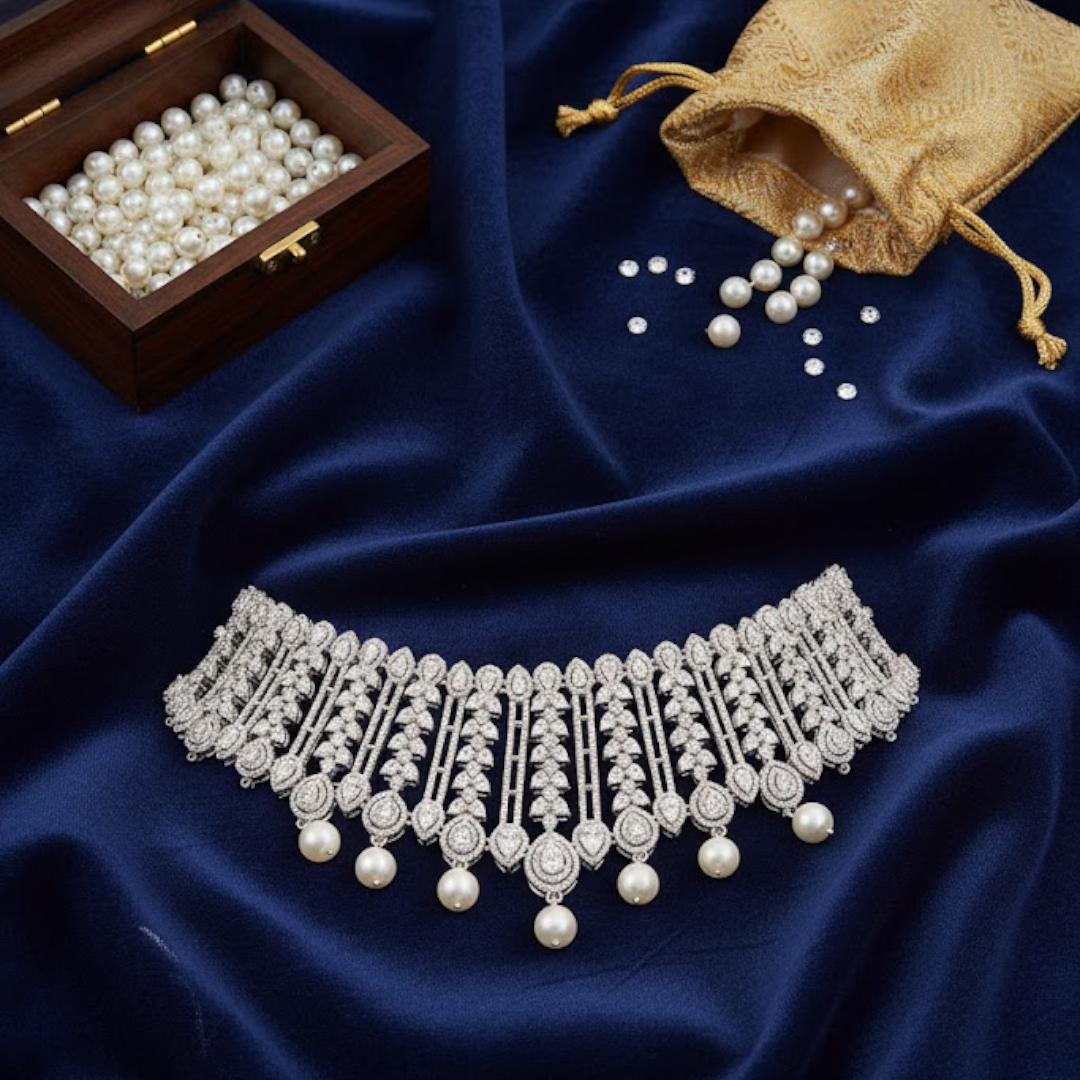 Silver-plated bridal choker necklace with cubic zirconia stones and pearl drops, elegant ethnic jewelry for women