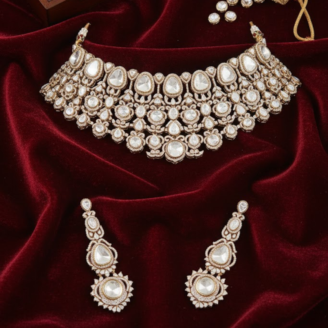 āTraditional gold kundan choker necklace set with matching long earrings for womenā