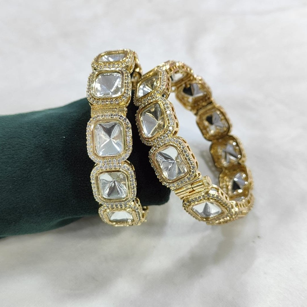 Premium Gold-Plated Kundan Bangles with Square Polki Stones