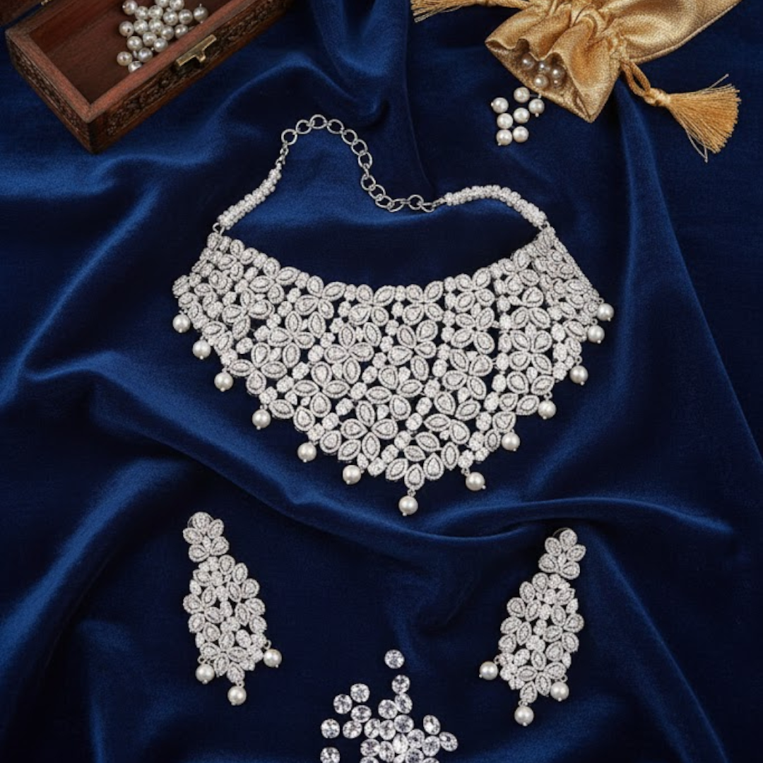 Diamond and pearl choker necklace set with silver plating and floral design – bridal jewelry set for women