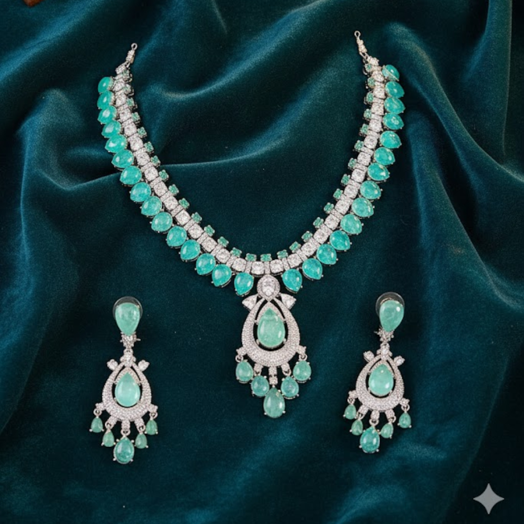 “Silver-toned green stone necklace set with matching earrings for women – elegant bridal and festive jewelry”