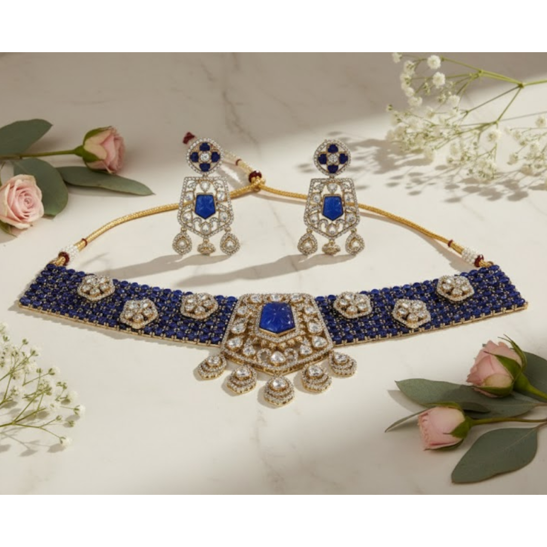 "Royal Blue Beaded Kundan Choker Necklace Set with Earrings – Traditional Indian Bridal Jewelry"