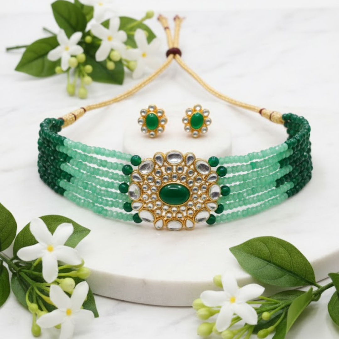 Green Beaded Kundan Choker Necklace Set with Matching Stud Earrings for Women