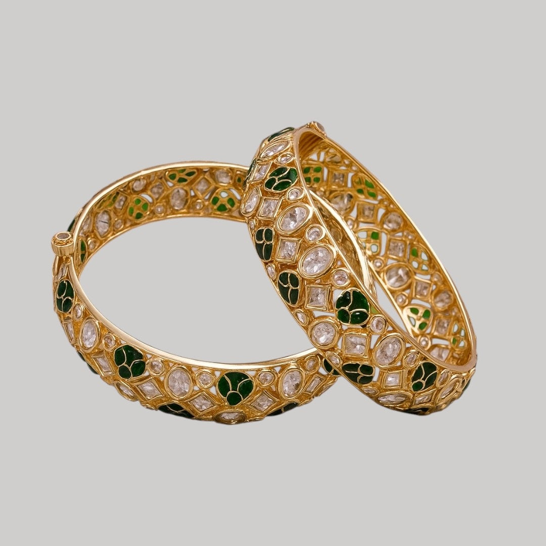 Gold-Plated Green Meenakari Kundan Bangles for Women