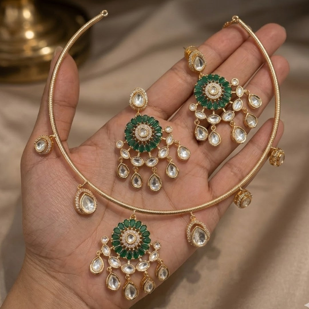 Green Stone Gold Plated Choker Necklace Set with Matching Earrings for Women